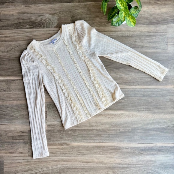 Blashe - Boutique Round Neck Ruffle & Lace Details Ribbed Long Sleeve Top Size M - Picture 1 of 10